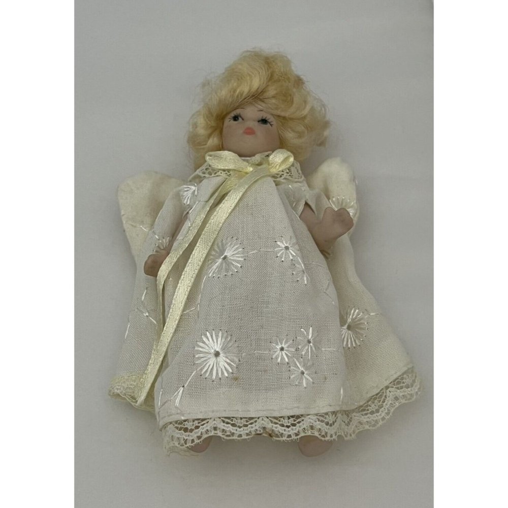 Delton Product Corp Small Porcelain Blonde Angel Christmas Ornament White Dress